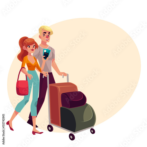 Man and woman travelling together, going on vacation, pushing luggage trolley, cartoon illustration on background with place for text. Full length portrait of young couple, man and women in airport © sabelskaya
