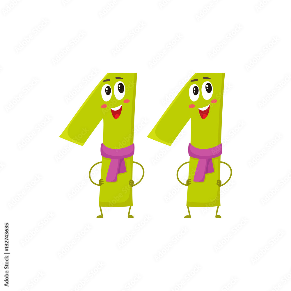 Cute and funny colorful 11 number characters, cartoon vector
