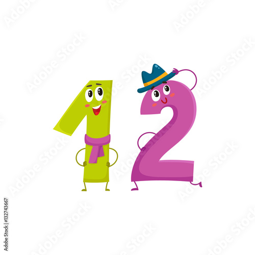 Cute and funny colorful 12 number characters  cartoon vector illustration isolated on white background. twelve smiling characters  birthday greetings  anniversary