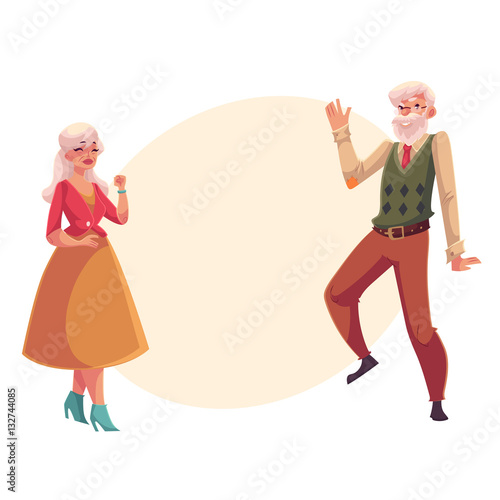 Old, senior couple dancing together, cartoon style vector illustration isolated on yellow background with place for text. Full height portrait of old lady and gentleman dancing romantically