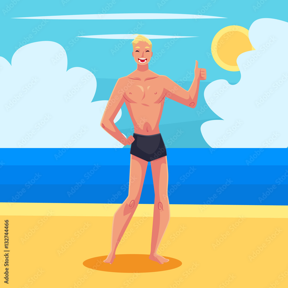 Young fair haired athletic man in swimming shorts giving thumb up, cartoon style vector illustration isolated on white background. Young and handsome blond haired man standing in shorts