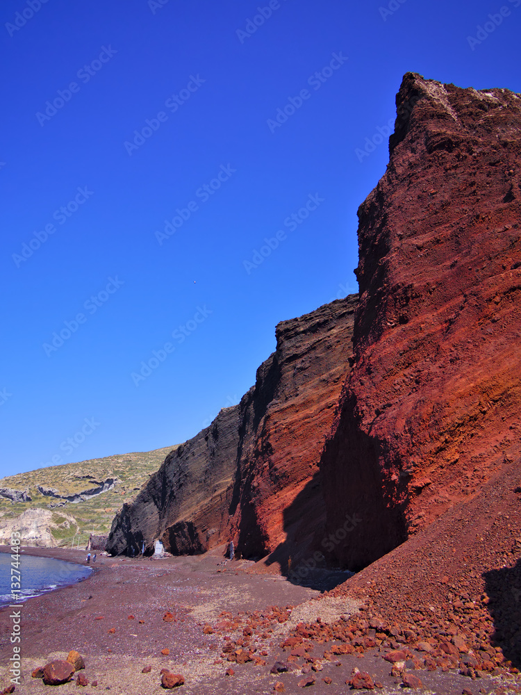 Santorini Island Red Beach cliffs. Greek travel destination poster..