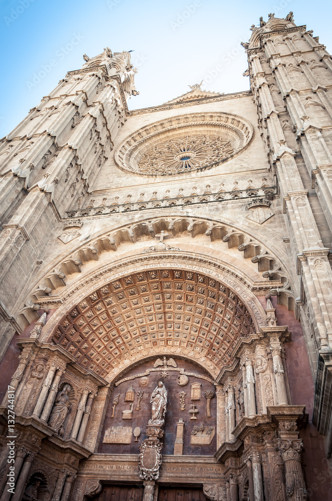 Catedral de Santa Maria de Palma de Mallorca one of the main sights of the Majorca island. Vertical image the main entrance to the Cathedral.