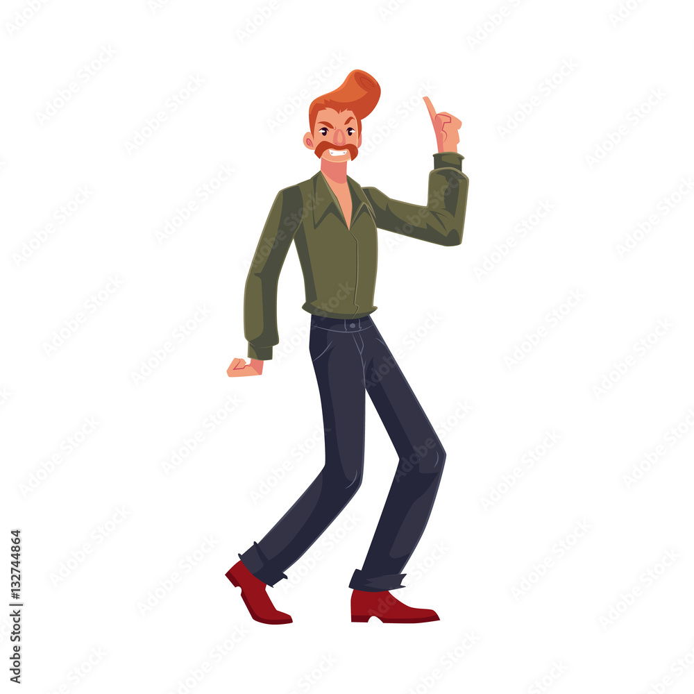 Red haired man in 1970s style clothes with beehive hair style dancing  disco, cartoon vector illustration isolated on white background. Young man  with beehive red hair dancing at retro disco party Stock