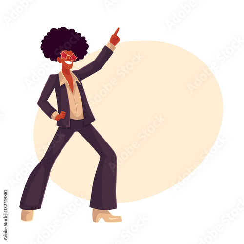Man in afro wig and 1970s style clothes dancing disco, cartoon style vector illustration on background with place for text. Young man in star sunglasses and afro wig dancing at retro disco party