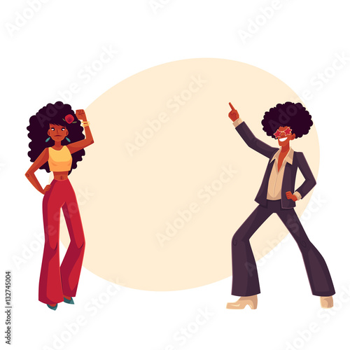 Man and woman with afro hair and 1970s style clothes dancing disco, cartoon style vector illustration on background with place for text. Young man and woman in flares with african black hair