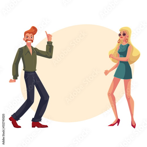 Red haired man and blond woman 1970s style clothes dancing disco, cartoon style vector illustration on background with place for text. Man with beehive and girl in short 1960s dress at retro party