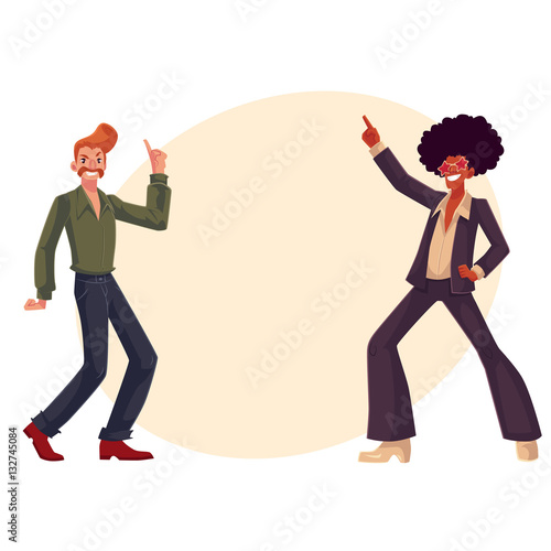 Two guys, in afro wig and with a beehive, wearing 1970s style clothes dancing disco, cartoon vector illustration on background with place for text. Afro wig, beehive, flared pants, retro disco party