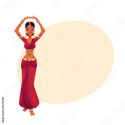 Indian female dancer in traditional costume, cartoon vector illustration on background with place for text. Traditional Indian female dancer in sari, national costume, Bollywood performer