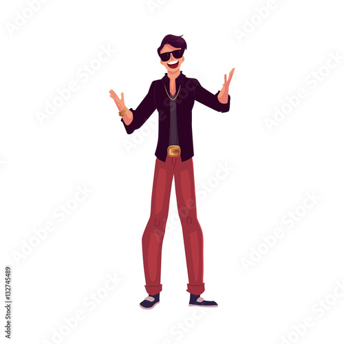 Young stylish clubber man wearing sunglasses and golden chain at a party, drinking cocktails, having fun, cartoon vector illustration isolated on white background. Man in sunglasses, party animal