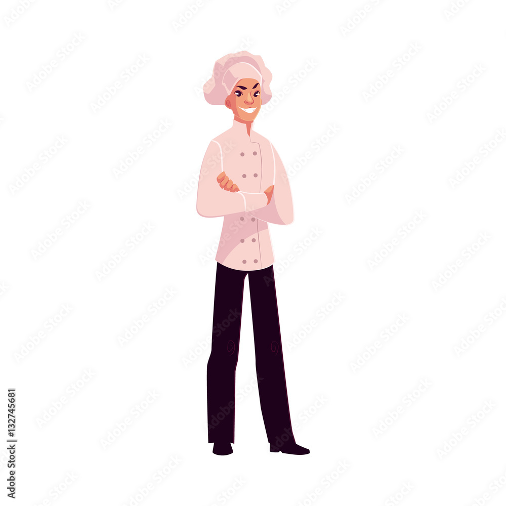 Young and handsome male chef in white uniform with arms folded across his chest, cartoon vector illustration isolated on white background. Full length portrait of restaurant, cafe male chef Young and handsome male chef in white uniform with arms folded across his chest, cartoon vector illustration isolated on white background. Full length portrait of restaurant, cafe male chef
