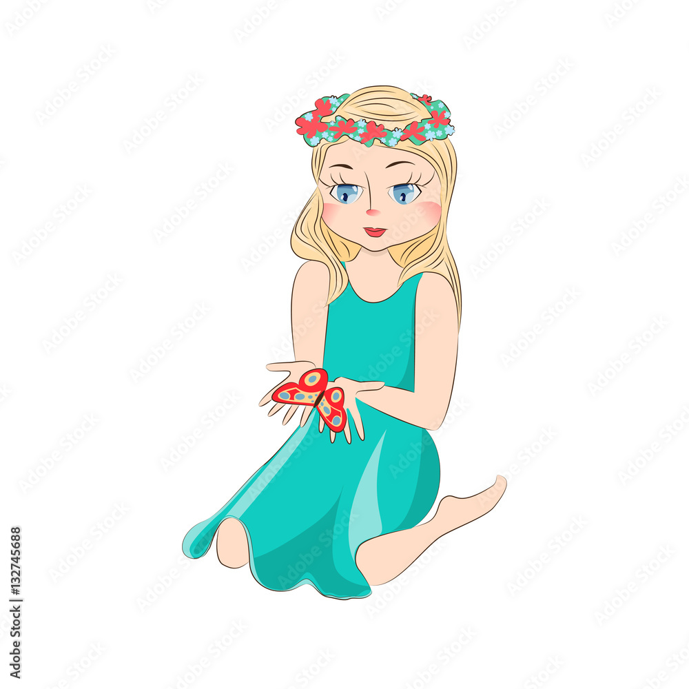 Cute little girl with butterfly in her hands. Cartoon character for apparel or other uses in vector. T-shirt print or Book illustrations for children. Isolated on white background.
