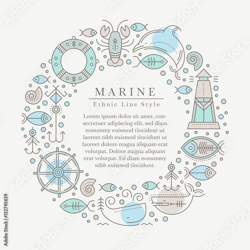 Vector illustration with outlined nautical seafaring signs and marine animals