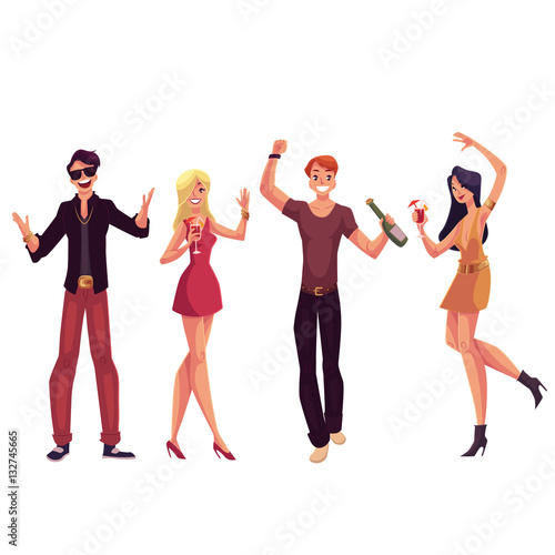 Young people dancing at a party, drinking cocktails, having fun, cartoon vector illustration isolated on white background. Men and women dancing at a nightclub, having party, drinking cocktails
