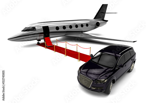 Luxury SUV with private Jet plane an red carpet / 3D render image representing an luxury SUV with a plane and a red carpet