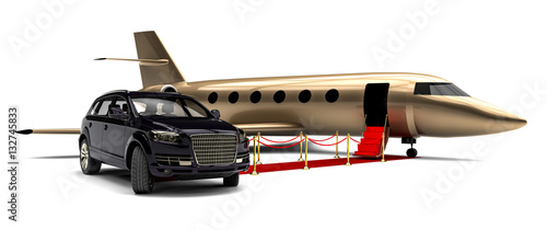 Luxury SUV with private Jet plane an red carpet  / 3D render image representing an luxury SUV with a plane and a red carpet photo
