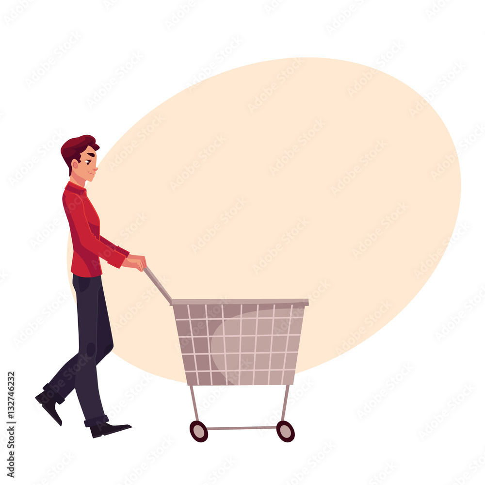 Young man pushing a shopping cart, cartoon vector illustration on background with place for text. Full length portrait of young man buying products with a shopping cart, trolley, consumerism concept