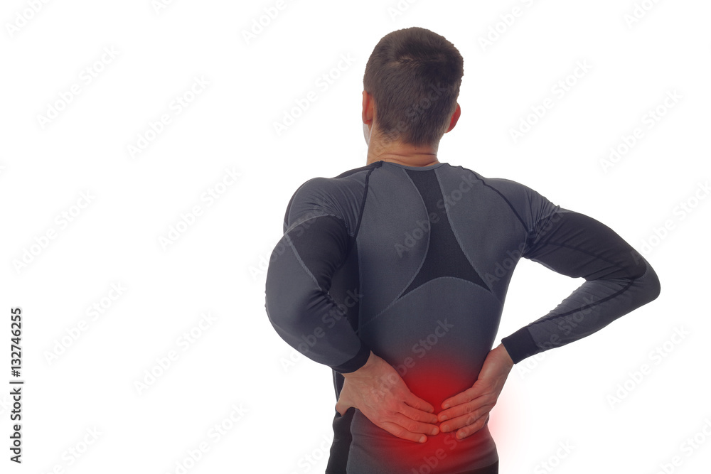 Sport injury, Man with back pain. Pain relief concept isolated on white.