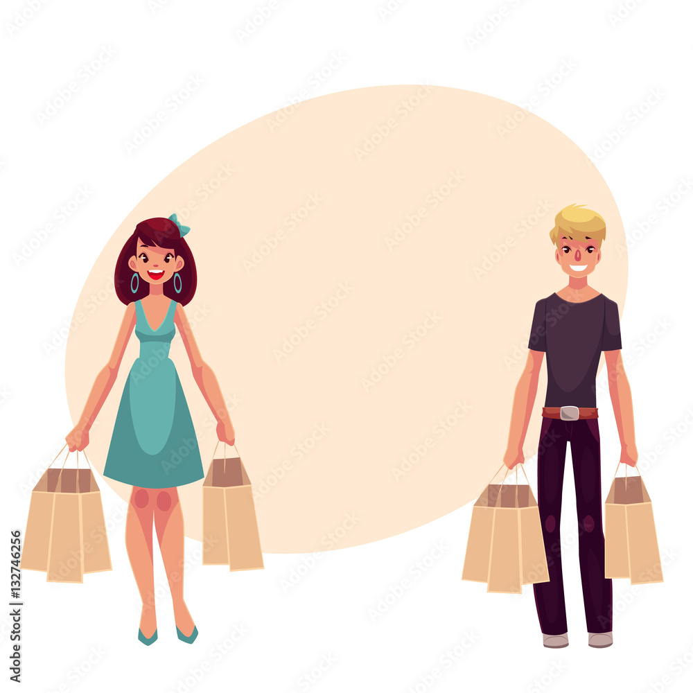 Young man and woman with shopping bags, cartoon vector illustration on background with place for text. Full length portrait of young couple, friends shopping together, holding paper bags Young man and woman with shopping bags, cartoon vector illustration on background with place for text. Full length portrait of young couple, friends shopping together, holding paper bags