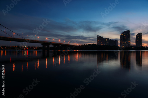 Cityscape: Moscow brindge and Obolon district in the evening. Kiev. Ukraine. East Europe © k8most