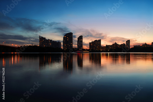 Cityscape: Moscow brindge and Obolon district in the evening. Kiev. Ukraine. East Europe © k8most