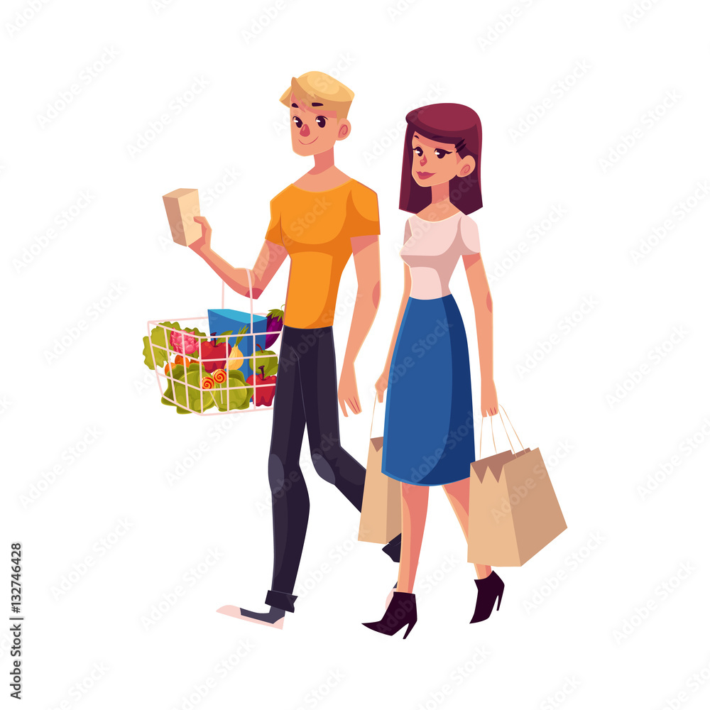 Young couple, family, man and woman shopping together, cartoon vector illustration isolated on white background. Family of two buying food, shopping, carrying bags and basket with grocery products