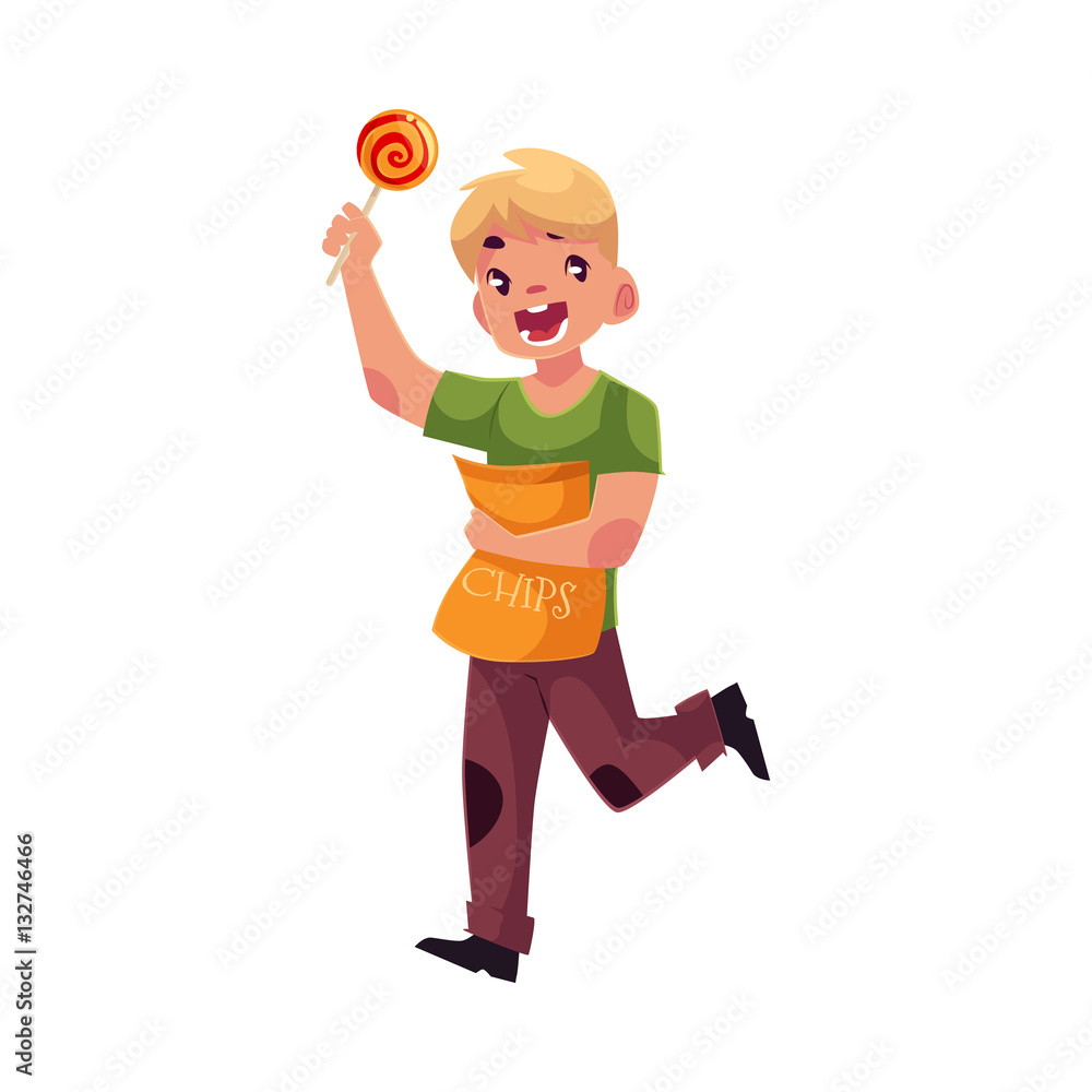 Little blond boy running with pack of chips and lollipop in hands, cartoon vector illustration isolated on white background. Boy holding package of chips and lollipop and running happily Little blond boy running with pack of chips and lollipop in hands, cartoon vector illustration isolated on white background. Boy holding package of chips and lollipop and running happily