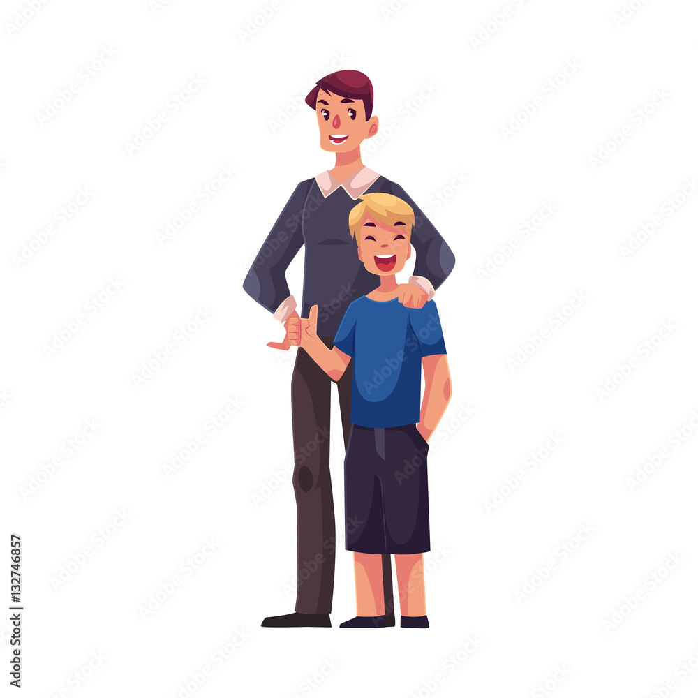 Full length portrait of happy father and son standing together, cartoon  vector illustration isolated on white background. Teenage boy showing thumb  up standing together with his dad, happy and smiling Stock Vector |