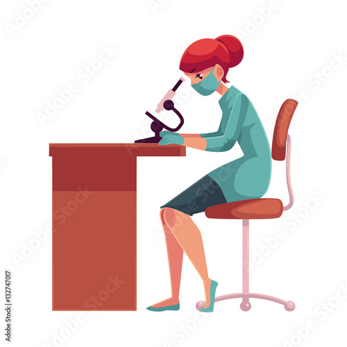 Lab, laboratory assistant, technician wearing medical mask and rubber gloves sits at the table and looks into microscope, cartoon vector illustration isolated on white background. Female laboratorian