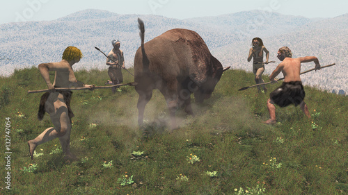 Group of neandertal warrios hunting a bison, 3d render