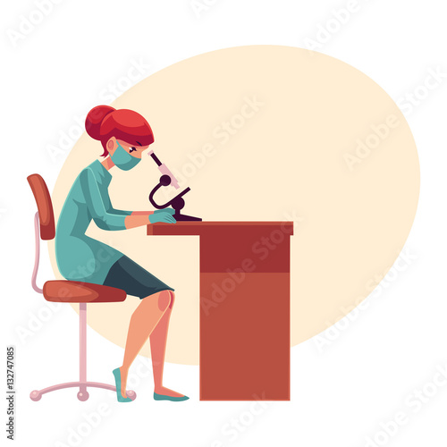 Lab, laboratory assistant, technician wearing medical mask and rubber gloves sits at the table and looks into microscope, cartoon vector on background with place for text. Female laboratorian