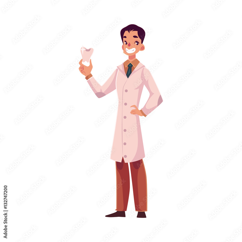 Smiling male dentist doctor in lab coat holding big tooth, cartoon vector illustration isolated on white background. Male dentist, healthcare professional holding big tooth model, full length portrait Smiling male dentist doctor in lab coat holding big tooth, cartoon vector illustration isolated on white background. Male dentist, healthcare professional holding big tooth model, full length portrait