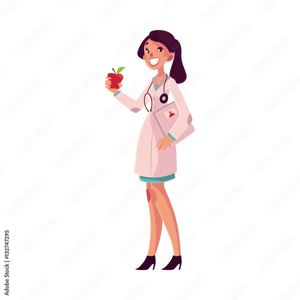Glad, smiling female dietitian holding weigh scales and apple, cartoon vector illustration isolated on white background. Female dietician, nutrition, dieting expert, health care professional Glad, smiling female dietitian holding weigh scales and apple, cartoon vector illustration isolated on white background. Female dietician, nutrition, dieting expert, health care professional