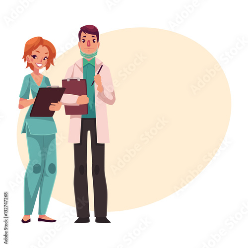 Male doctor in medical mask and female nurse in blue uniform holding clipboards, cartoon vector illustration on background with place for text. Male doctor and female nurse, health care professionals