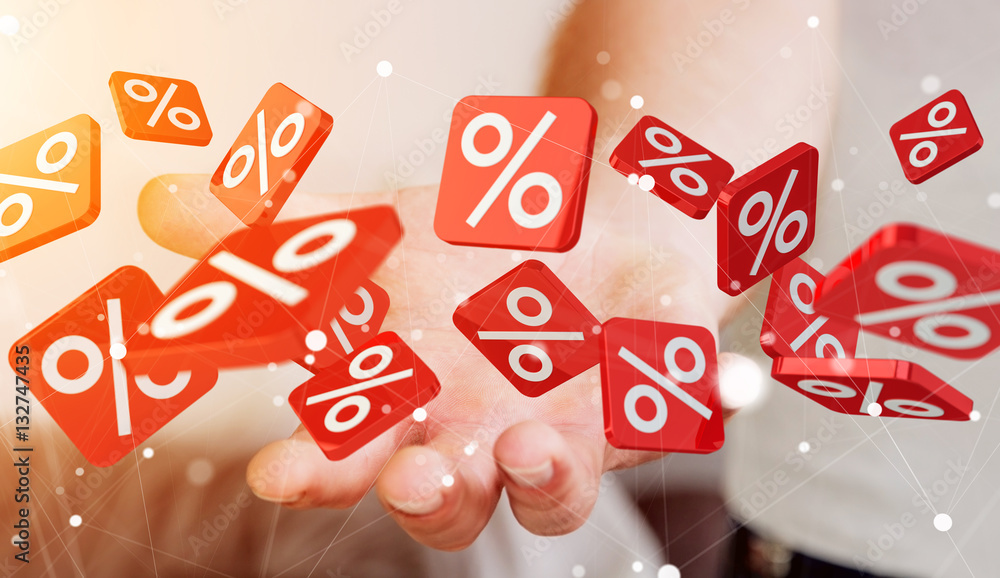 Φωτογραφία Businessman holding sales icons in his hand 3D rendering