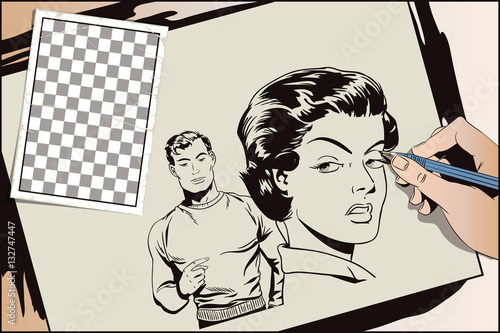 Girl offended on guy. Hand paints picture.