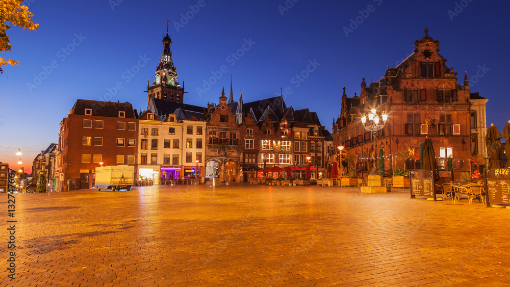 Cityscape of Nijmegen squre at dusk twilight, The Netherlands
