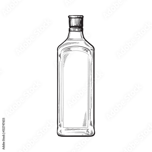 Traditional blue gin glass bottle, sketch style vector illustration isolated on white background. Realistic hand drawing of an unlabeled, unopened gin bottle