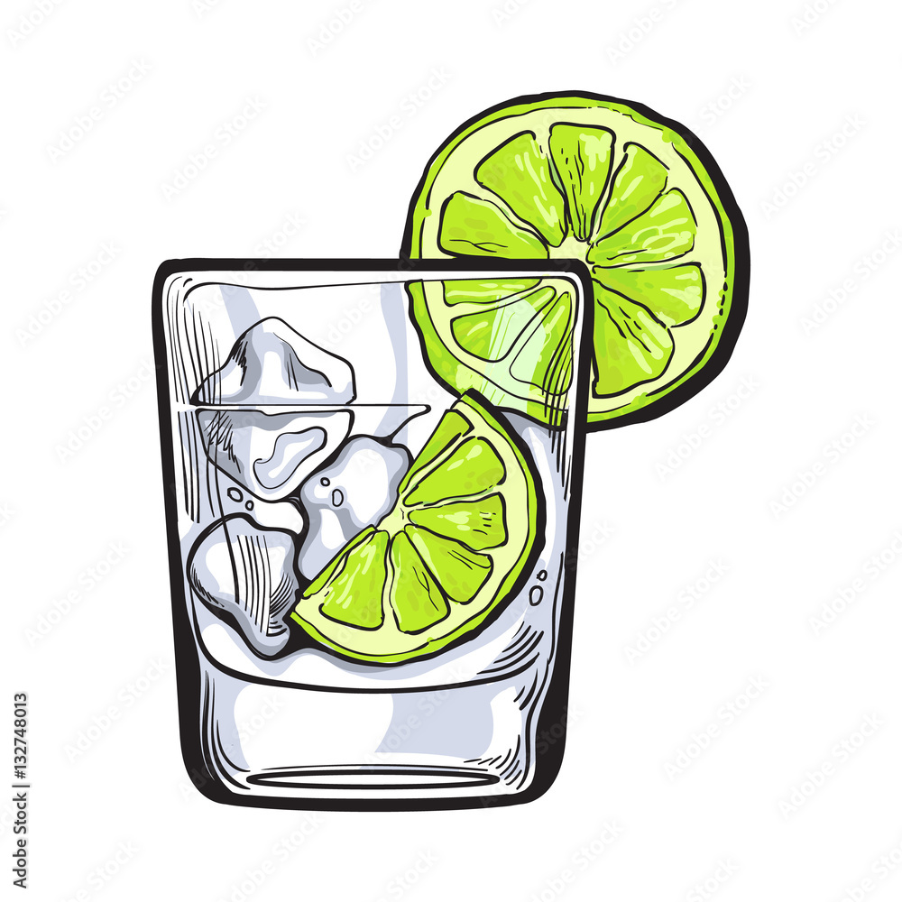 Glass of gin, vodka, soda water with ice and lime, sketch style vector
