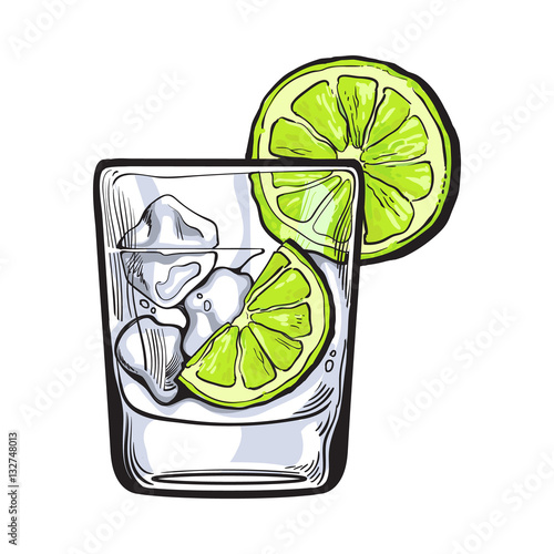 Glass of gin, vodka, soda water with ice and lime, sketch style vector illustration isolated on white background. Realistic hand drawing of transparent alcohol shot with ice rocks and lime slices