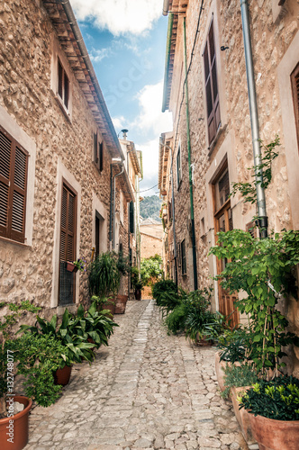 Typical narrow village street with flower pots in facades. Valldemossa village  Majorca  Spain. 
