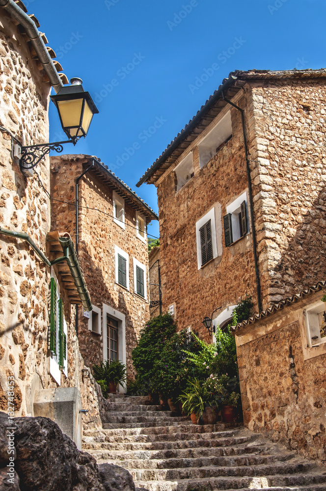 Majorca Valldemossa charming typical village street at Spain