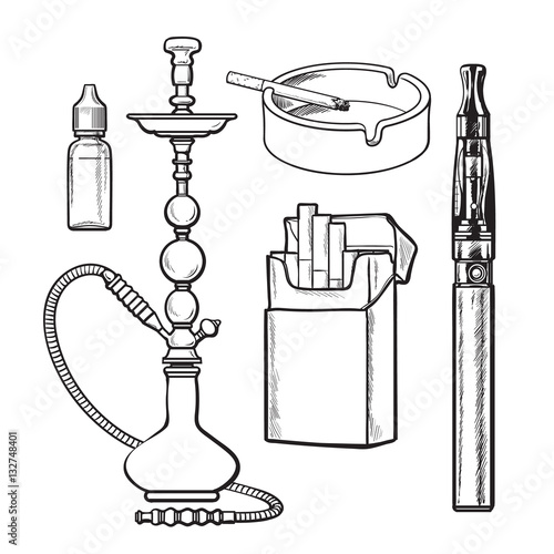 Hookah, pack, ashtray, electronic cigarette and tobacco e-liquid, sketch vector illustration isolated on white background. Hand drawn hookah, electronic and usual cigarettes, ashtray