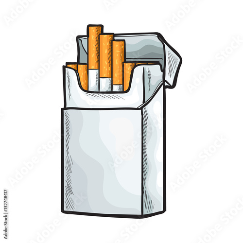 Unlabeled standing open pack of cigarettes, sketch vector illustration isolated on white background. Realistic hand-drawing of open unlabeled pack with unlit cigarettes