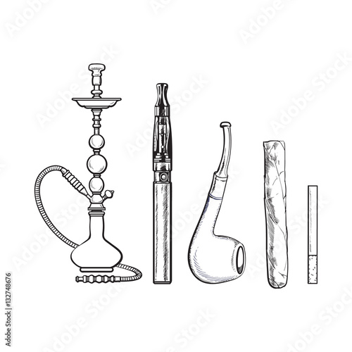 Smoking accessories - hookah, cigarettes, cigar and pipe, sketch vector illustration isolated on white background. Hand drawn smoking attributes such as hookah, electronic cigarette, cigar and pipe