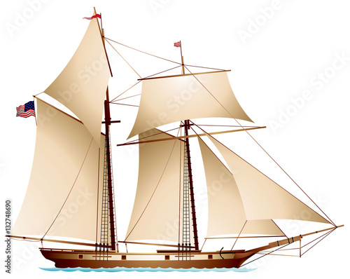 Coasting Schooner carrying US flag, gaff rigged schooner, sailing vessel realistic vector illustration