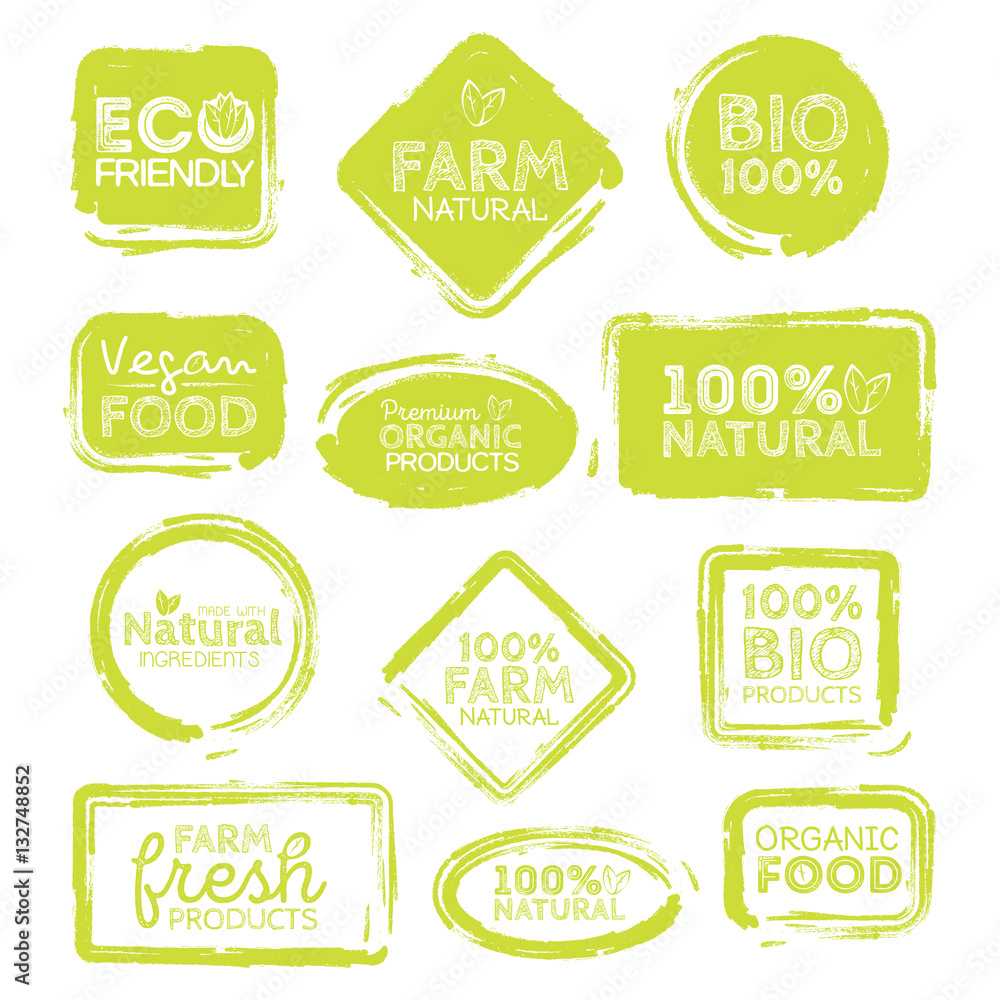 Green Eco Food Labels. Health Headings. Vector Illustration Collection