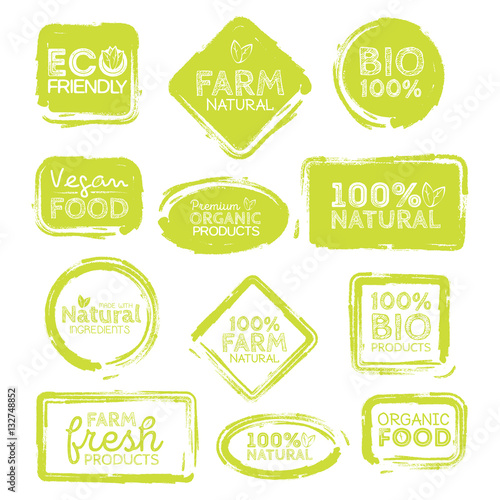 Green Eco Food Labels. Health Headings. Vector Illustration Collection