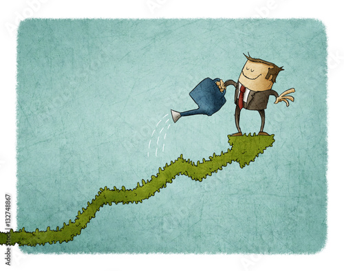 Business man climbed on a bush-shaped graph and watering it