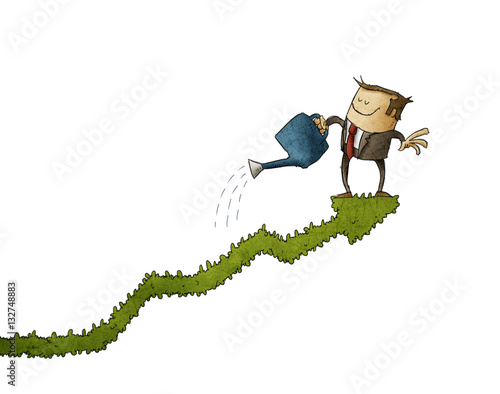 Business man climbed on a bush-shaped graph and watering it